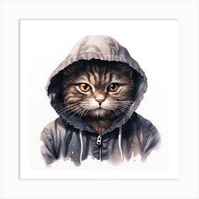 Watercolour Cartoon Cat In A Hoodie 2 Art Print