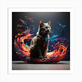 Cat Sitting On Colorful Swirls Art Print