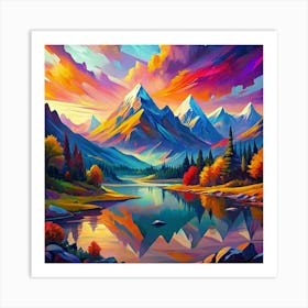 Colorful Landscape With Mountains, A Lake, And A Forest Art Print