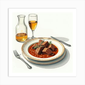 Watercolor Sketch Of A Classic And Savory Beef Stew On A Fine Dining Table Art Print