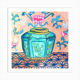 Chinoiserie Ginger Pot With White Cranes Square Art Print