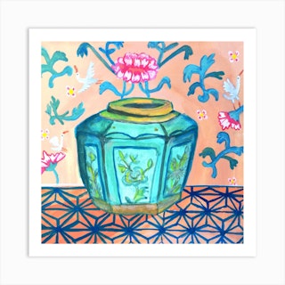 Chinoiserie Ginger Pot With White Cranes Square Art Print
