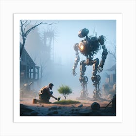 Man Kneeling In Front Of A Robot Art Print