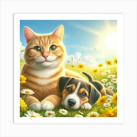 Cat And Dog In The Meadow Art Print