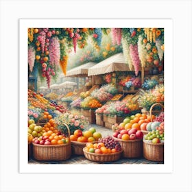 Market Fresh: A Fresh and Colorful Painting of a Flower and Fruit Market with Baskets and Stalls Art Print