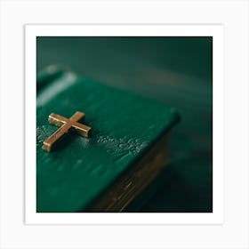 Gold Cross On A Green Bible Art Print