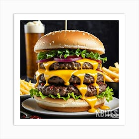Burger With Fries And Beer Art Print