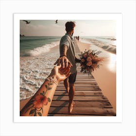 Couple Holding Hands On The Beach Art Print