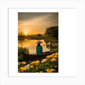 Asian Woman In A Boat At Sunset Art Print