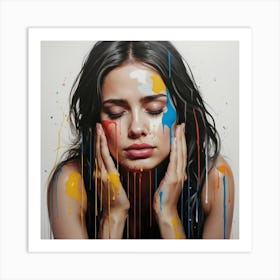 Portrait of a woman crying with tears of paint, glossy painting 3 Art Print