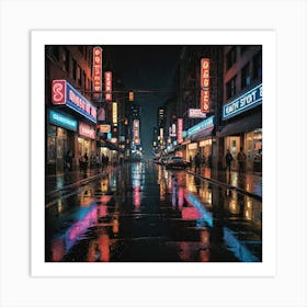 A Bustling City Street At Night With Neon Signs Wet Pavement Reflecting Lights And Detailed Architec 4010192840 Art Print