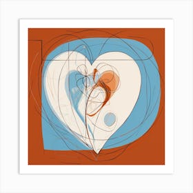 Abstract Chalk Blue & Burnt Orange Heart 3 Art Print