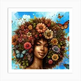 Afro Girl With Flowers and Butterflies Art Print