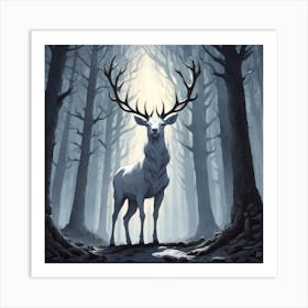 A White Stag In A Fog Forest In Minimalist Style Square Composition 54 Art Print