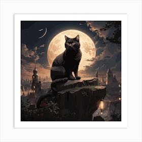 Fantasy Castle Black Cat Art Print