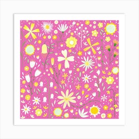 Yellow and White Wild Flowers on Pink Art Print