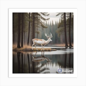 white deer standing over a lake Art Print