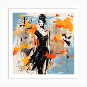 Fashion Girl In Black Dress Art Print