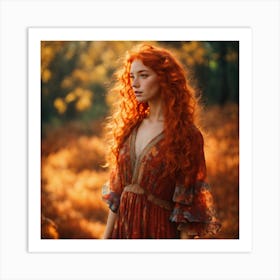 Red Haired Girl In Autumn Forest Art Print