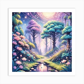 A Fantasy Forest With Twinkling Stars In Pastel Tone Square Composition 191 Art Print