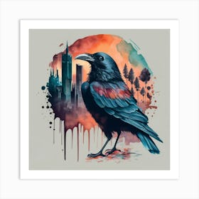 Crow Cityscape - raven and a city, natural scenery, watercolor art . Art Print