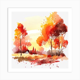 Autumn Trees Watercolor Painting Art Print