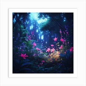 Midnight Garden Lush Foliage In Deep Rich Tones Is Juxtaposed With Vibrant Flowers That Bloom Under moon light Art Print