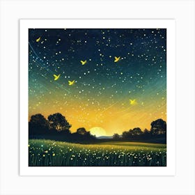 Fire flies in the sky over the sunset and field Art Print