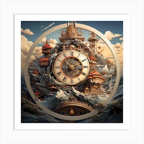 Clockface With Japanese Cliffside Scene Art Print