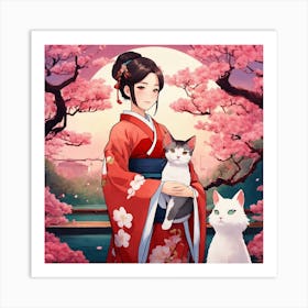 Japanese Girl With Cat Art Print 1 Art Print