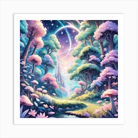 A Fantasy Forest With Twinkling Stars In Pastel Tone Square Composition 16 Art Print