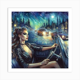 Girl Driving A Car At Night Art Print