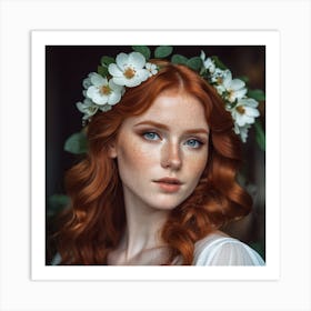 Close Up Portrait Of Young Beautiful Redhead Woman With Freckles Wearing White Dress Art Print