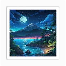 Serene Full Moon Night Over Mount Fuji With a Luminous Seascape Art Print