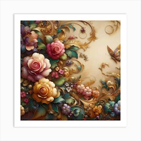 Roses And Butterflies Art Print