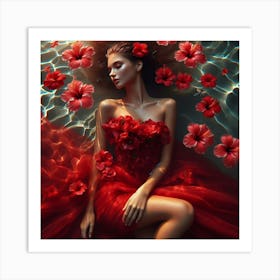 Beautiful Woman In Red Dress In Water Art Print