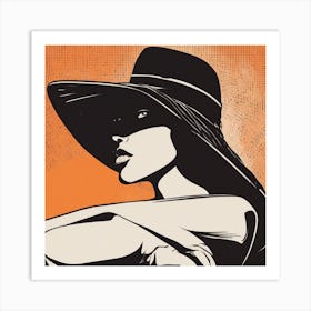 A Silhouette Of A Woman Wearing A Black Hat And Laying On Her Back On A Orange Screen, In The Style (3) Art Print