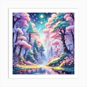 A Fantasy Forest With Twinkling Stars In Pastel Tone Square Composition 71 Art Print