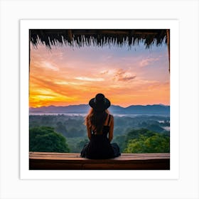 Woman In Black Hat Sitting Alone On A Wooden Balcony Overlooking A Hill Dotted Landscape Trees Al (2) Art Print