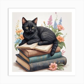 Black Cat On Books 1 Art Print