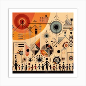 A Contemporary Representation Of Warli Art With Stick Figures And Geometric Shapes Art Print