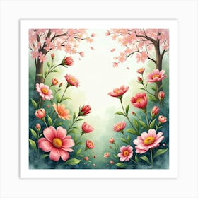 Secret Garden With Magical Blossoms, Watercolor 1 Art Print