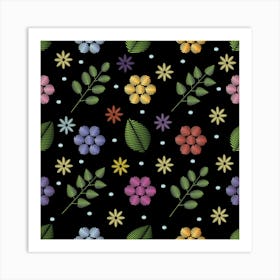 Embroidery Seamless Pattern With Flowers Art Print