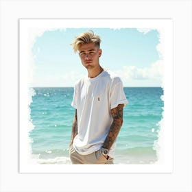 Justin Bieber In A Casual Pose, Watercolor Backdrop Of A Calm Ocean Art Print