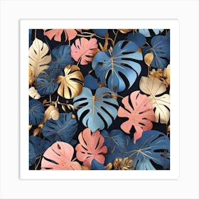 Golden and blue and pink leaves of Monstera Art Print