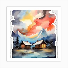 Abstract painting of a mountain village with snow falling 5 Art Print