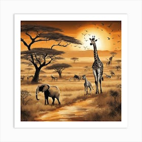 Giraffes And Elephants Art Print