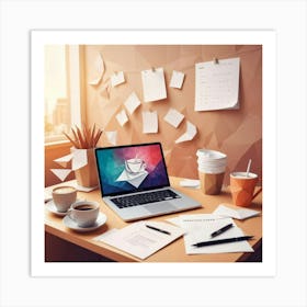 Desk With Laptop And Coffee Art Print