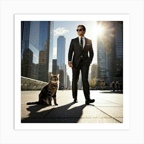 Businessman Wearing Sunglasses Accompanied By A Cat Playing At His Feet Downtown Skyscrapers Loomin (1) Art Print