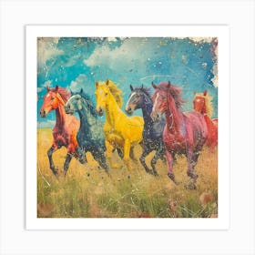 Horses Charging Through The Field Rainbow 2 Art Print